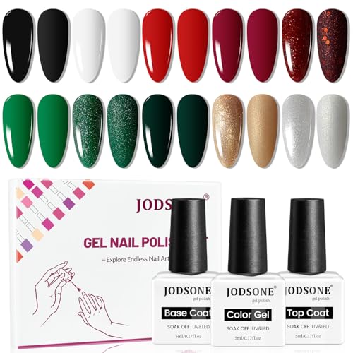 JODSONE Gel Nail Polish Set 10 Colors Winter Black White Glitter Burgundy Red & Green Silver Gel Polish DIY Salon for Girls Home DIY Gift