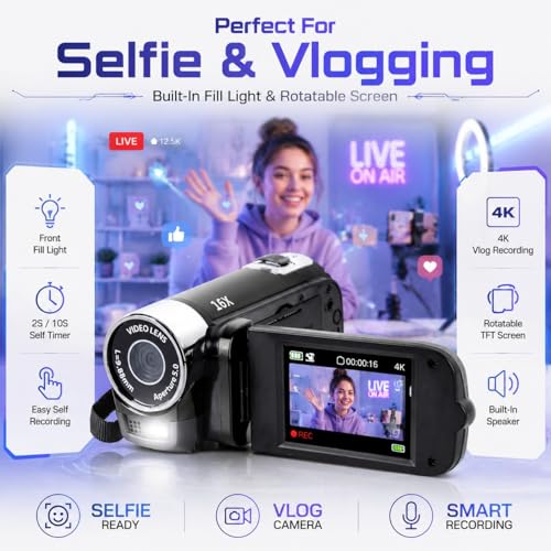 CamCrorder 4K Vintage, Caméscope Rétro 48MP, Caméra DV 2,7 Pouces TFT Écran Rotatif 16x Caméra Vidéo de Zoom Numérique avec Câble USB (Black)