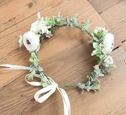 Vivivalue Boho Flower Crown Flower Garland Headband Hair Wreath Floral Headpiece Halo with Ribbon Wedding Party Photos Festival White - Thumbnail 3