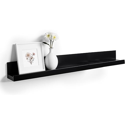 InPlace Durable Shelf with Picture Ledge - Easy to Install & Remove, Rustic Floating Shelves with Invisible Brackets - Wall Mount MDF Picture Shelf - 4.5" D x 72" W x 3.5" H - Black - 9084684