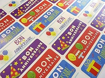 Pack of 32 Bon Anniversaire French Birthday Greeting Stickers, Colourful Self-Stick Labels for Cards, Envelopes, Craft, Decoration