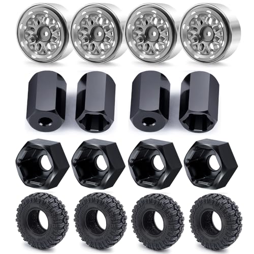 MORLORDY 4Pcs 5mm to 7mm (+10mm) RC Hex Hubs Adapter & 4Pcs RC Wheels & 4Pcs RC Tires Set for 1/10 WPL D12 RC Trucks 1/24 SCX24 RC Cars Upgrade Parts