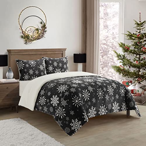 Stratford Park Ultra Soft Sherpa 3 Piece Comforter Bed Set, Black/White, Queen, Winter Snowflakes