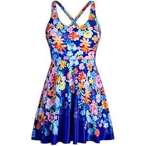 HUAKARY One Piece Swim Dress for Women Swimsuits 2026 Tummy Control Adjustable Strap Modest Cute Bathing Suit 16 Plus Navy Floral