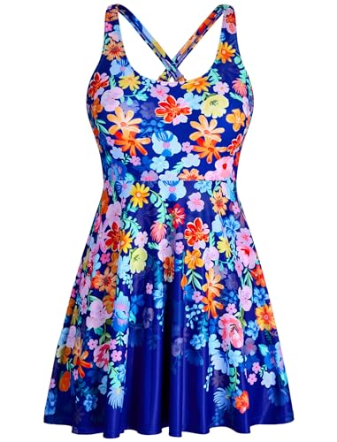 HUAKARY One Piece Bathing Suit for Women Tummy Tuck Swim Dresses Modest Conservative Swimsuits with Pockets Navy Floral Large
