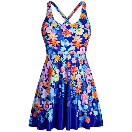 HUAKARY One Piece Swim Dress for Women Swimsuits 2026 Tummy Control Adjustable Strap Modest Cute Bathing Suit X-Large Navy Floral