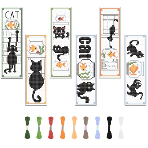 FREEBLOSS 6 Set of Bookmarks Cross Stitch Kits Cartoon Cat Bookmark Cross Stitch Kit with Instructions Embroidery Bookmark Kit for Adults Beginners for Book Lovers Cross Stitch Set 6 x 20 cm