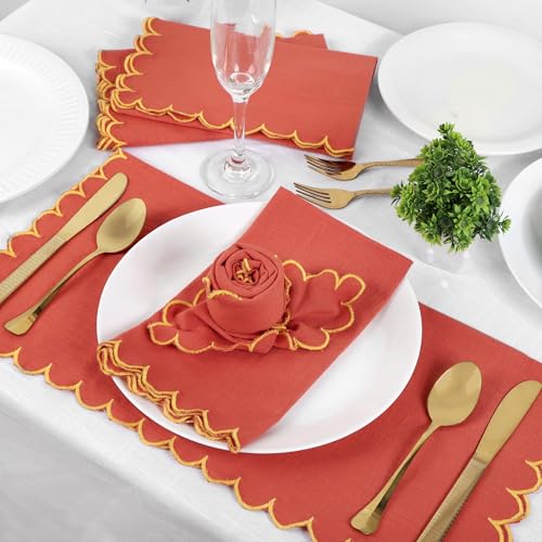Image of FINGERCRAFT Scallop Edge Cloth Napkins | Set of 6 | 20x20 Inches | 100% Cotton | Table Napkins for Any Occasion | Washable, Perfect for Parties and Everyday Use (Rust Slub, Set of 6)