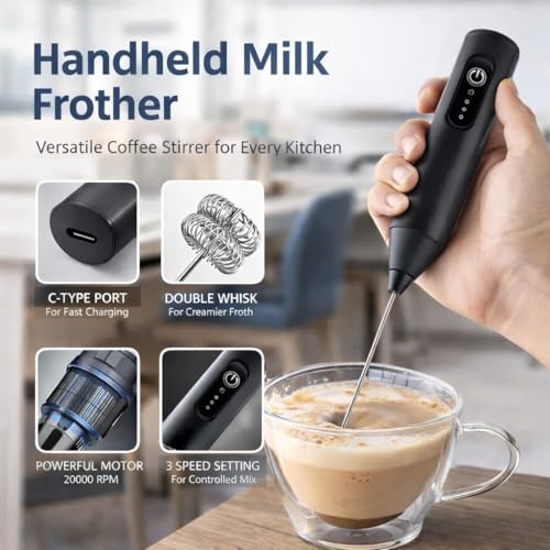 Image of Rechargeable Milk Frother, 3-Speed Electric Coffee Beater & Hand Blender with Dual Spring Whisk | Type-C Fast Charging for Latte, Cappuccino & Matcha (Charcoal Black)