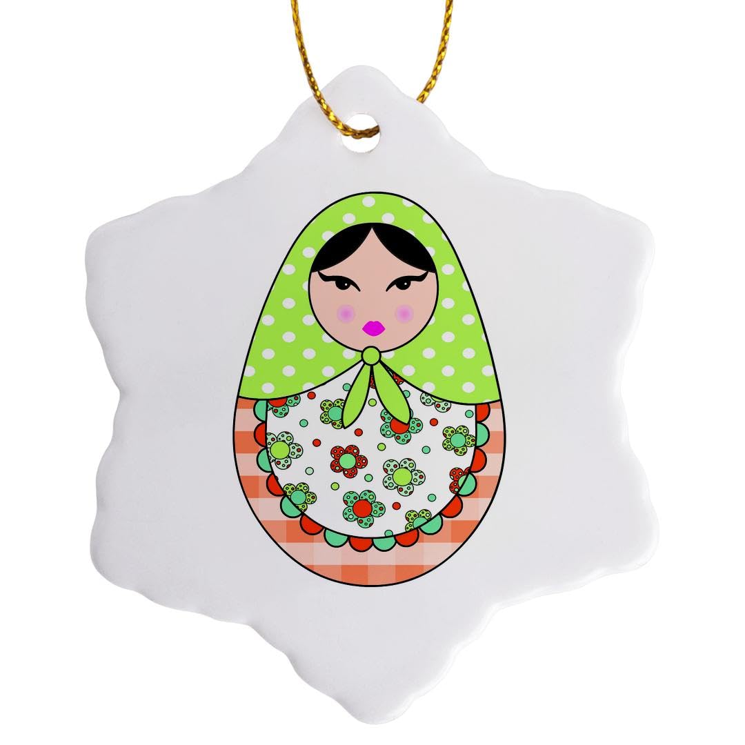 3 inch Snowflake Porcelain Ornament - Cute Russian Matryoshka Nesting Doll Black Hair - Warm Colors White Designs Dolls