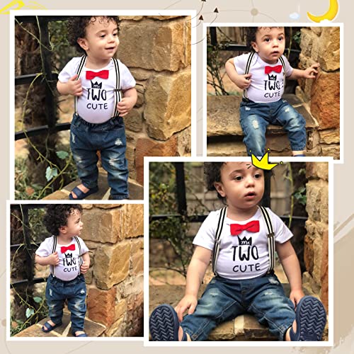 Pinleck Toddler Baby Boy Birthday Clothes Set Bowtie Romper Suspenders Ripped Denim Pants Outfits (Two Birthday-1Short, 2-3T) #TOP3