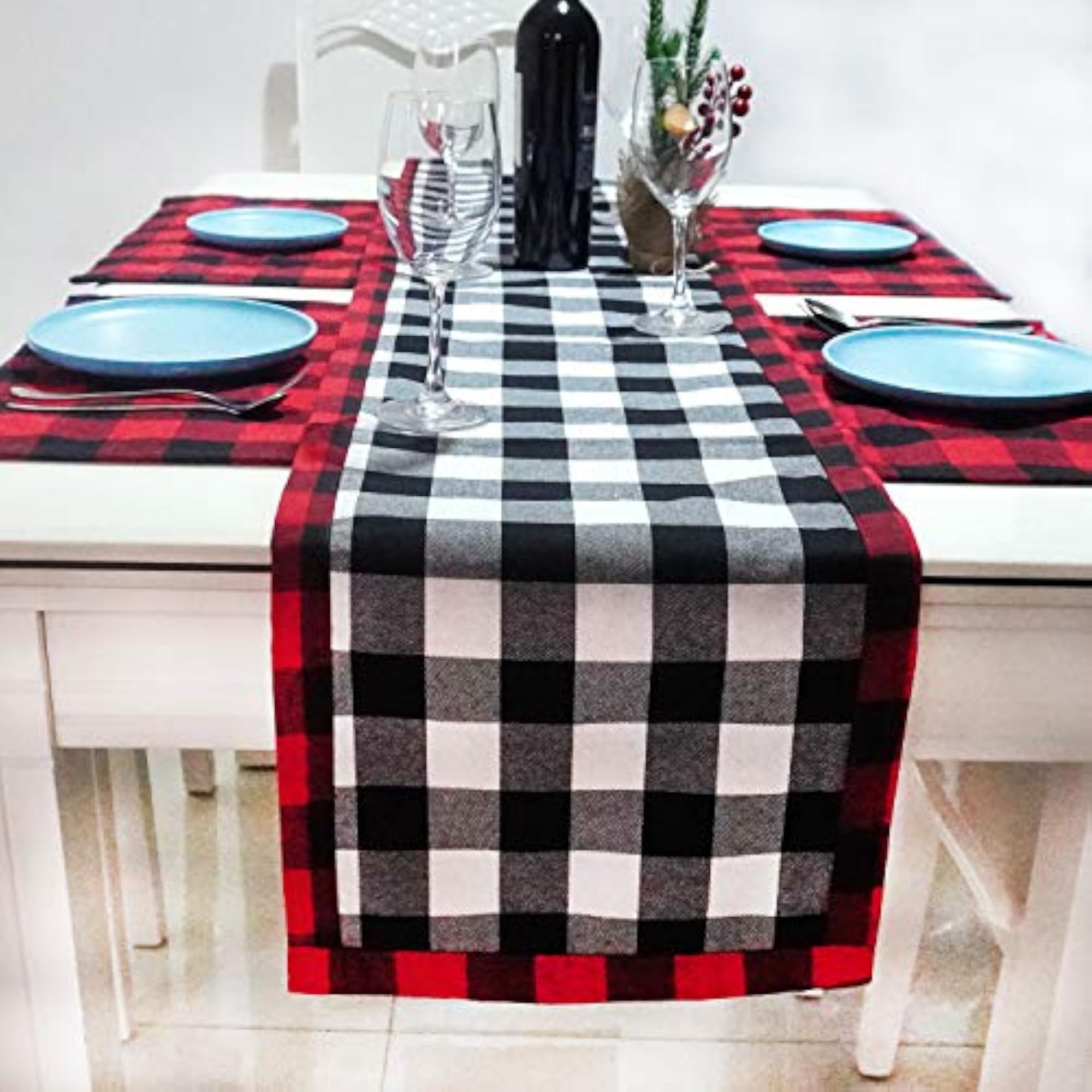 Christmas Table Runner Red and Black Buffalo Check Plaid Double Sided