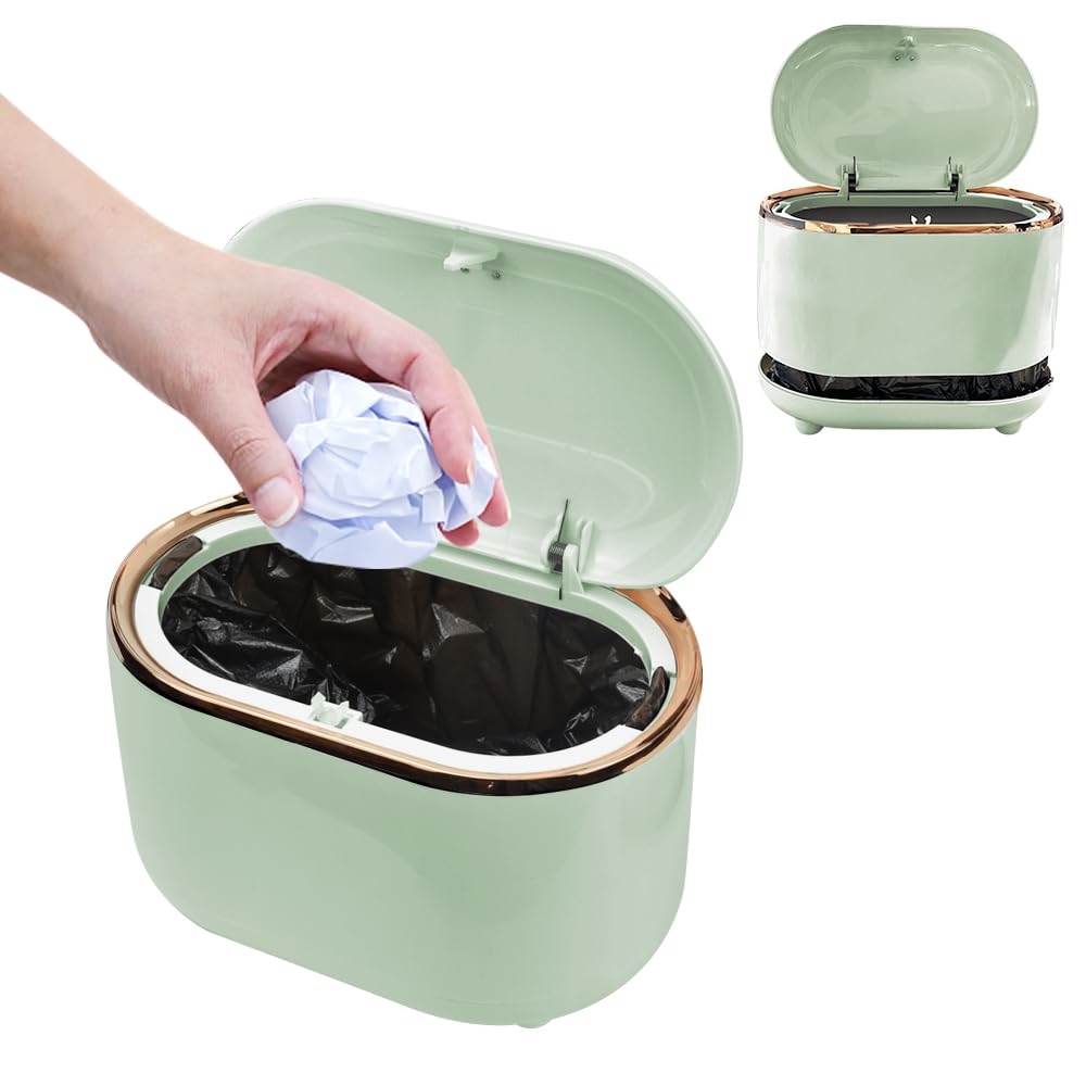 CAREDGO Mini Papelera de Mesa Papelera para Escritorio con Tapa Mini Basurero para Escritorio Moderno de Plástico Verde Papelera Pequeña para Baño Cocina Bar Oficina Caranava, 19 x 14 x 12 cm