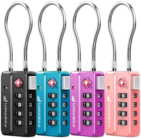 Fosmon Luggage Locks TSA Approved for Luggage & Suitcase, 4 Digit Mini Cable Locks Long Wire Padlock with 4 Combinations and Easy Reset Switch for Travel, Gym Locker, Gun Case, Backpack Zipper- 4 Pack