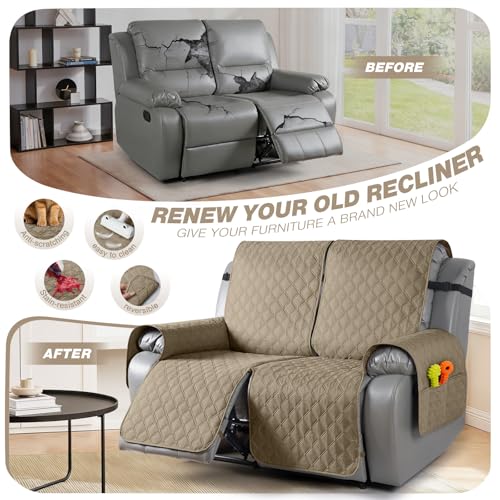Image of TAOCOCO 100% Waterproof Recliner Covers, Recliner Sofa Covers with Leg Straps, Reversible Recliner Couch Cover for Reclining Chair, Washable Couch Protector for Pets Kids(2 Seater, Khaki)