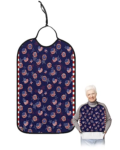 4th of July Adult Bib for Eating with Crumb Catcher,Washable & Waterproof Terry Cloth Adjustable Elderly Women Men Adult Bibs Funny Apron Clothing Protector Love Flower Star Stripe Stripes Stars Flag