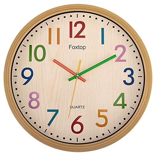 Foxtop Tyst väggklocka 30 cm barn tickar inte batteridriven dekorativ klocka för barn vardagsrum sovrum barnkammare klassrum skola kök lätt att läsa (stora färgglada siffror)