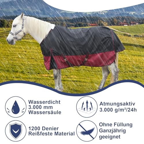 Gallopoff 1200D Reißfeste Pferdedecke ohne Füllung (0g), Leichte, wasserdichte und Atmungsaktive Regendecke für Pferde, Outdoordecke Pferd Schwarz-Rot 135 cm