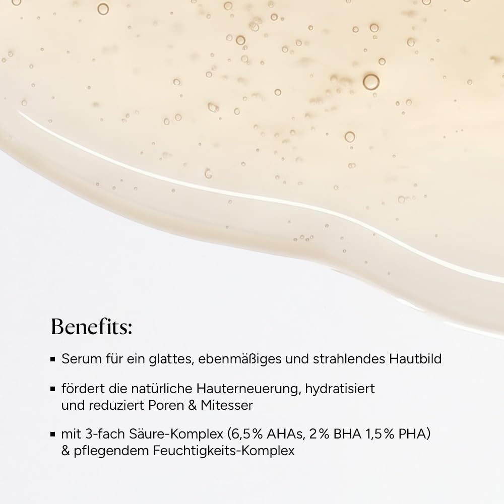 JUNGLÜCK Smoothing Peeling Serum – AHA 6,5%, BHA 2% & PHA 1,5% Gesichtspeeling mit 3-fach Säure-Komplex, für verfeinerte Poren & glatte, strahlende Haut, gegen Mitesser & Unreinheiten, 30ml