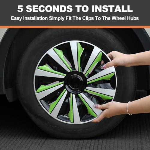 Image of Silver with Green Hubcap Wheel Cover Replacement Kit 13 inch Hub Caps Wheel Rim Cover Car Exterior Accessories Pack of 4, 13 Inches