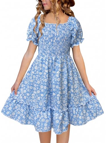 FREELYVE Girls Summer Floral Smocked Dress Square Neck Puff Sleeve Ruffle School Party Teen Sundress,Lightblue,8-9Y