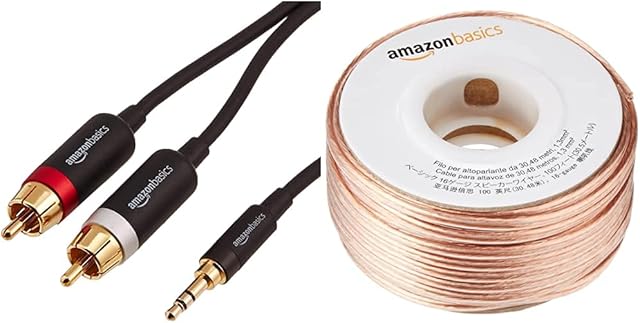 Amazon Basics 16-Gauge Speaker Wire 1.3 mm² - 30.48 m (100 feet) & 3.5mm to 2-Male RCA Adapter Cable - 2.4m / 8 Feet