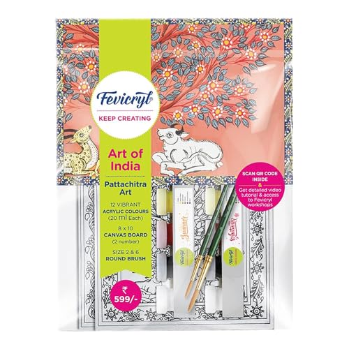 Fevicryl Kit de arte de pintura da Índia, arte de Pattachitra inclui tintas acrílicas de design Ganesha, 12 tons x 20 ml cada, conjunto de pincéis redondos (2U), painel de tela pré-desenhado