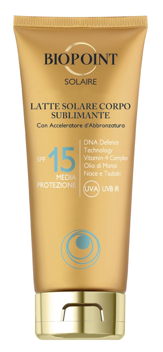 Biopoint Solaire - Latte Solare Corpo Sublimante con Acceleratore di Abbronzatura, Dona una Pelle Dorata e Luminosa, SPF 15, 200 ml