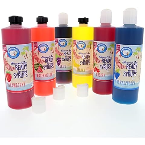 Hypothermias Shaved Ice & Snow Cone Syrup Variety Pack - 6 Pints (16 Fl. Oz.) - Blue Raspberry, Cherry, Strawberry, Grape, Watermelon, Banana - Non-GMO 100% Pure Cane Sugar, BPA-Free Plastic Bottles with Pour Top Cover