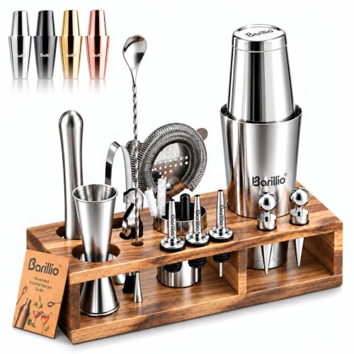 Barillio Bartender Kit – 23-Piece Stainless-Steel Cocktail Shaker Set with Premium Acacia Stand | Martini Barware Mixing Tools for Home Bartending | Gift Set