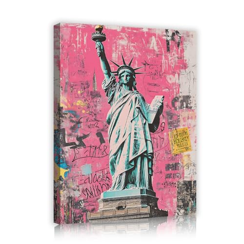 Art mural Pop Art Statue de la Liberté rose vibrant déco moderne prête à suspendre