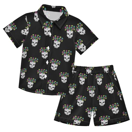 Image of Sunflower Floral Yellow Black Short Sleeve Hawaiian Button Down Shirts and Short Sets for Boys Toddler Summer Outfits