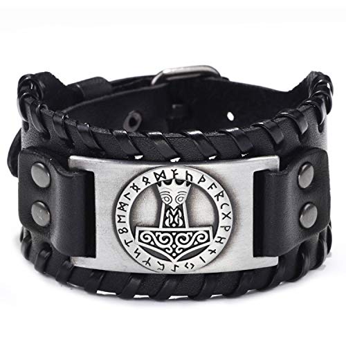 LANSEYAOJI Pulsera Hombre,Retro Trenzado Pulsera de Cuero Amuleto Celta Nórdico Martillo de Thor y Nudo Irlandés Runes Negro Puño Ancho Piel Pulseras,Punk Joyería,Ajustable