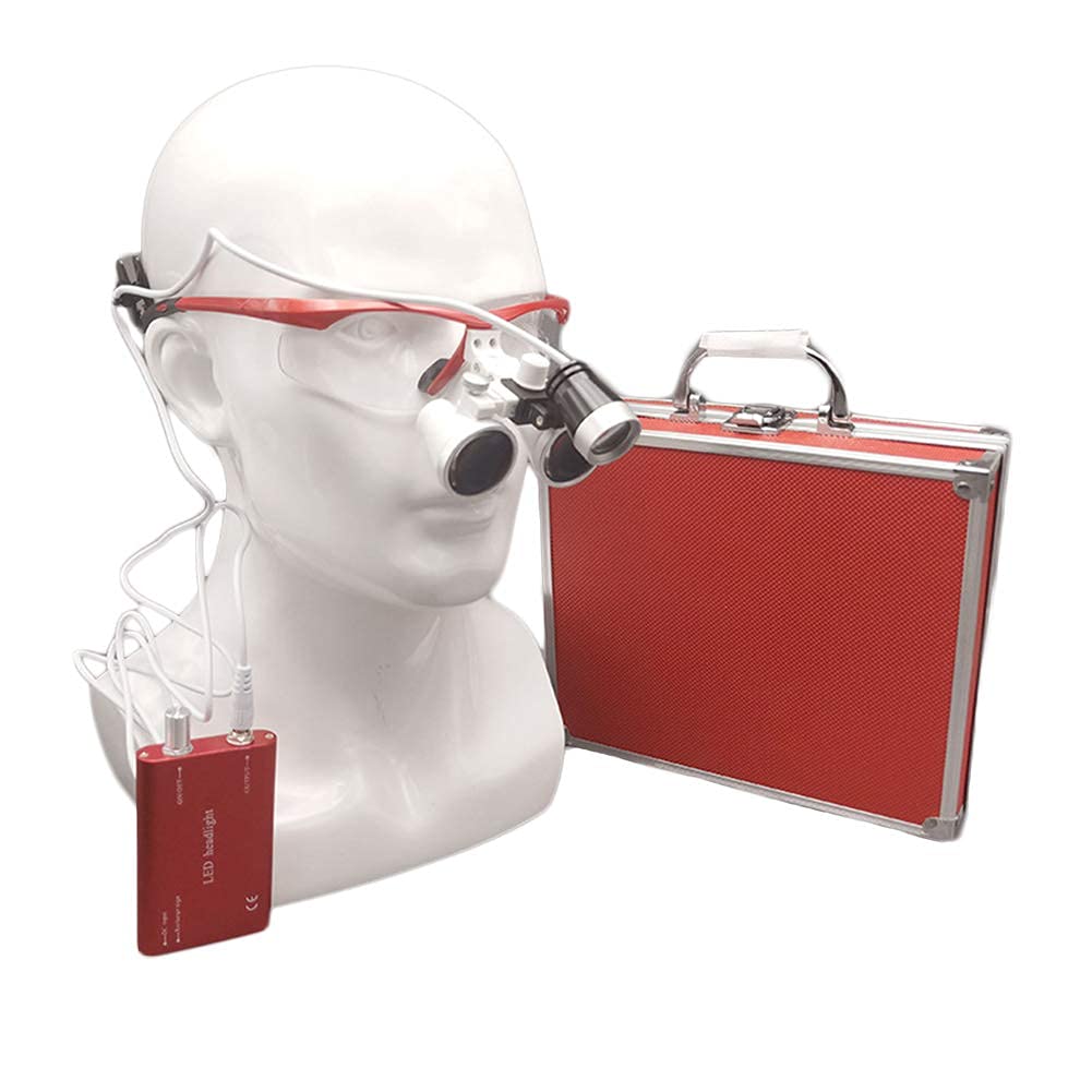 Lupy Stomatologiczne, Lupa Stomatologiczna 3.5Xr, Czerwona Oprawa, Chirurgiczne Lupy Lornetkowe, Szkło Optyczne + Lampa Czołowa