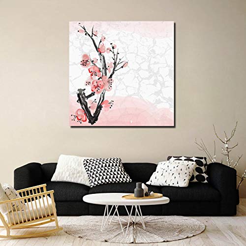 Modern Giclee Canvas Wall Art Pinting Stretched Framed Artwork,Hand Drawn Pink Cherry Blossoms Flower Pictures Canvas Prints For Bathroom Bedroom Living Room Office Home Decor,Ready To Hang,12X12In #TOP4