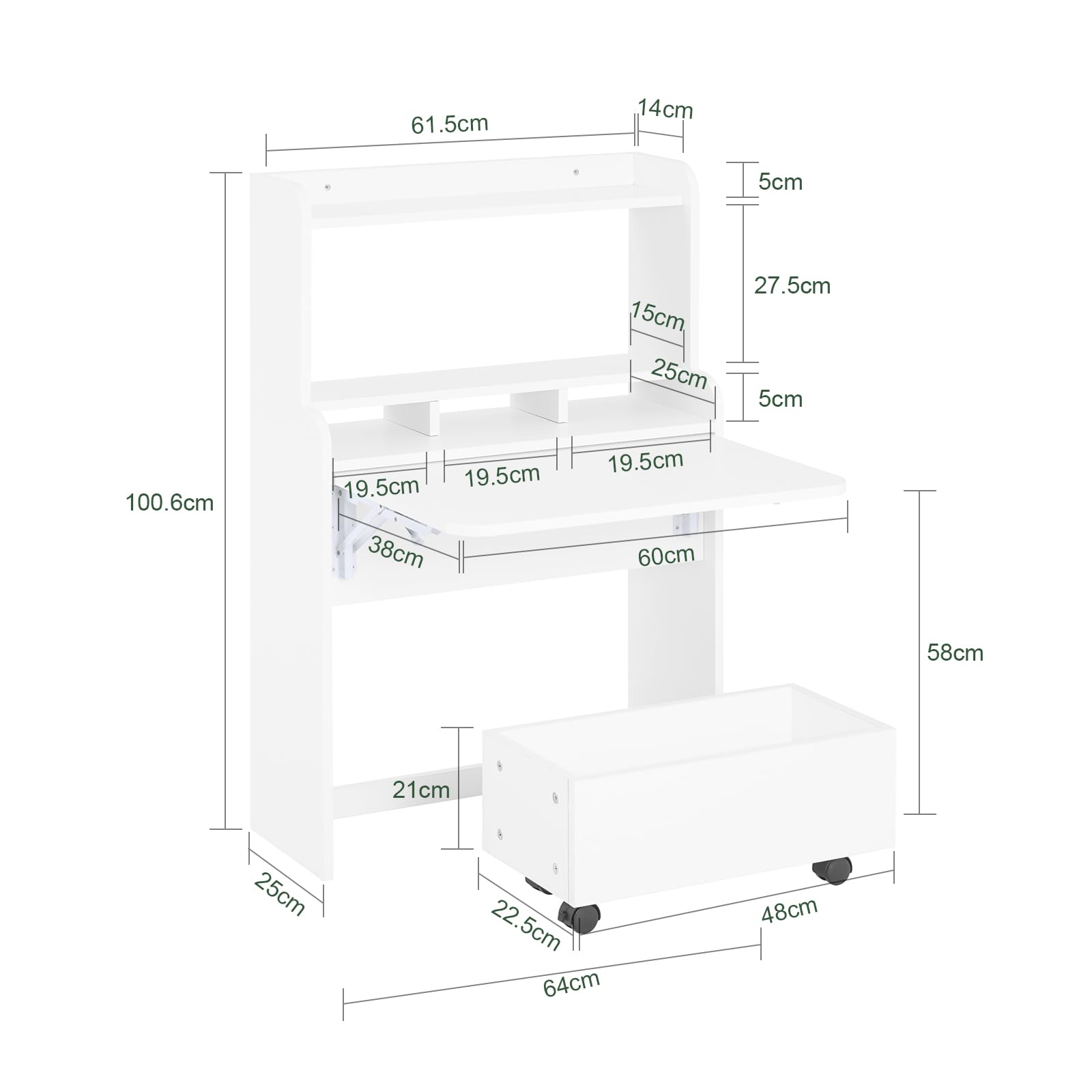 SoBuy Scrivania Pieghevole a Muro Scrivania Salvaspazio Richiudibile con Scatola Portaoggetti con Ruote Tavolo Pieghevole Bianco 64x63x100,6 cm FWT105-II-W
