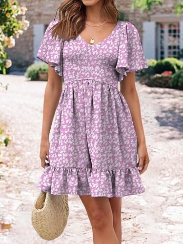 Image of UEAL Womens Cute Floral Smocked V Neck Flutter Sleeve Sundress with Pockets Casual Spring Summer Dresses for Women 2026