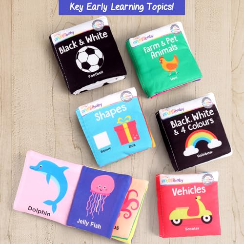 Image of Intellibaby 6-Book Set-Soft Sensory Cloth Books for Babies,Crinkle Sound&Washable,Early Learning Themes- Shapes, Vehicles & Animals,Black & White Patterns for Visual Growth,Non-Toxic,Gift for 0+Months