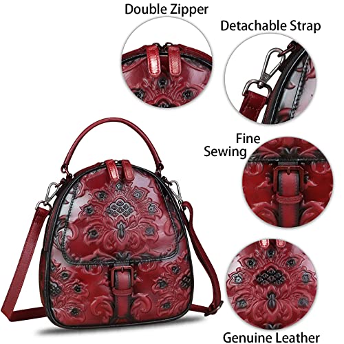 Image of Genuine Leather Backpack for Women Crossbody Shoulder Bag Vintage Rucksack Fashion Knapsack Purse Daypack Bag (Red)