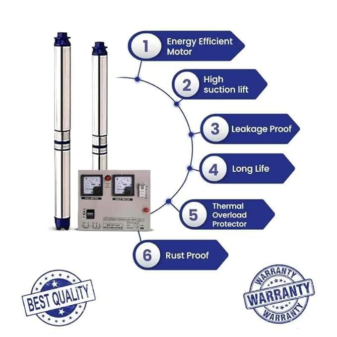 Image of Jindal 1HP Single Phase Pure Copper Water Filled Submersible Pump for Borewell with Control Panel, 30 m Safety Wire & 2.5 Sqmm Submersible Cable, 12 Months Warranty