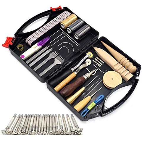 59 Stück Leder Carft Punch Tools Kit Nähen Schnitzen Arbeiten Nähen Sattel Groover Leder Craft DIY Tool Leder Werkzeuge Perfekt zum Nähen Stanzen Schneiden Nähen Leder Craft Making Cover