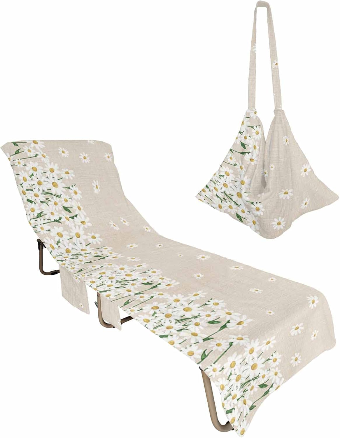 White Daisy Flower Beach Pool Patio Lounge Chaise Chair Cover Towel With Pockets,Absorbent & Quick Dry Microfiber Towel Cover Bag Summer Travel Accessories for Sunbathing Farmhouse Burlap Floral Beige