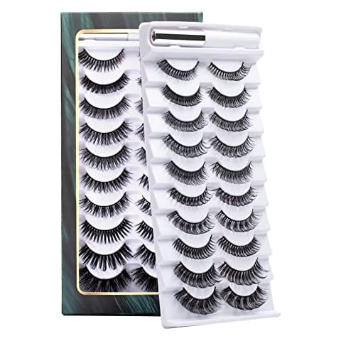 Lanciley False Eyelases with Eyelash Glue Russian Strip Lashes D Curl 10 Styles Wispy Fluffy Fake Eyelashes 3D Effect 10 Pairs Eye Lashes Multipack with Eyelash Adhesive Cover