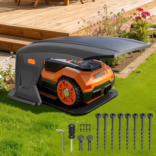Peviasot Hochklappbar Mähroboter Garage Kompatible Ladestationen Schutzüberdachung für Rasenroboter Zubehör für Mähroboter Keine Signalblockierung UV-Schutz Gegen Regen und Hagel 70.5x57x33cm