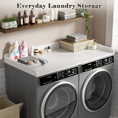 DTK Washer Dryer Countertop, Wood Topper with Edge Rails, Washer and Dryer Countertop with Anti-slip Strips, 54\" Width x 27.5\" Depth Cover for Laundry Room Organization and Storage, White