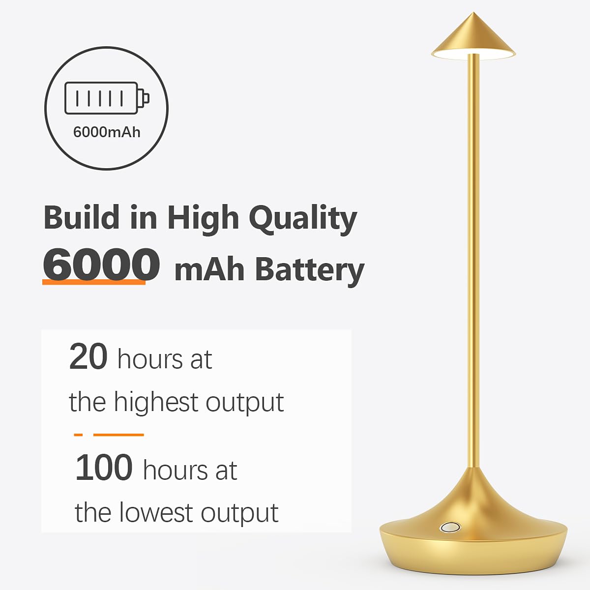 Hapfish Lampada da Tavolo Senza Fili LED, 6000mAh Lampada da Comodino Ricaricabile in Alluminio di Moda, Dimmerabile, Impermeabile, Luce Portatile Batteria per Ristorante Scrivania Esterno (Oro)