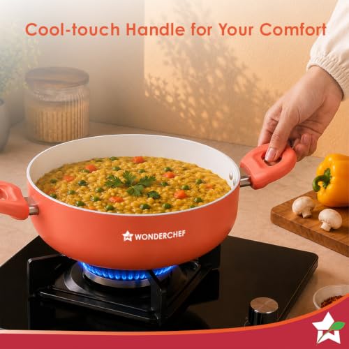 Image of Wonderchef Natura Ceramic Casserole & Glass Lid for Cooking, 24cm, 4.5L, Non-Toxic Chemical-Free Coating, PFOA /PFAS-Free, Scratch-Resistant, Gas & Induction Compatible, 2-Yr Warranty, Peach