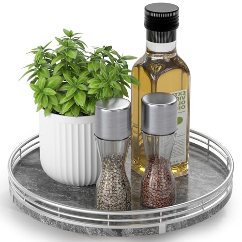 Image of Gray Marble Lazy Susan Turntable for Table Top - 10 inch Round Marble Tray Organizer for Dining Table, Kitchen Countertop & Bar, Luxury Stone Serving Tray with Silver Frame