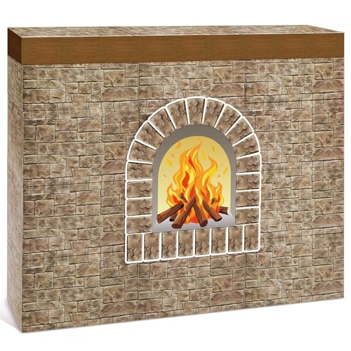 Fullhawl 26 Pcs 3D Winter Cardboard Fireplace 39 x 35 Inch DIY Winter Artificial Fireplace with Fire Flame Wood Grain Cutouts Fake Backdrop for Xmas Party Background Decorawl(Stone Brick)