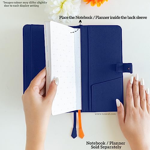Image of NEORAH- PETITE Notebook SLEEVE with SNAP Button -[SLEEVE ONLY]|Vegan Leather|Office Diary Holder with Penloop|2 Front & 1 Back Pocket|4 Card Slots|2 BookMarks -Fits any PETITE Softcover - DARK BLUE